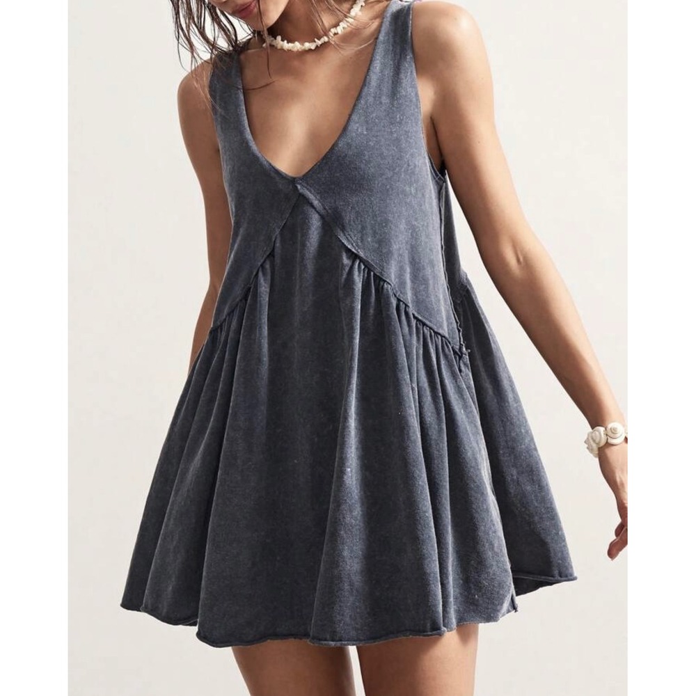 Charcoal Grey Babydoll Mini Dress Tunic Womens S V-Neck Acid‎ Wash Cotton Boho